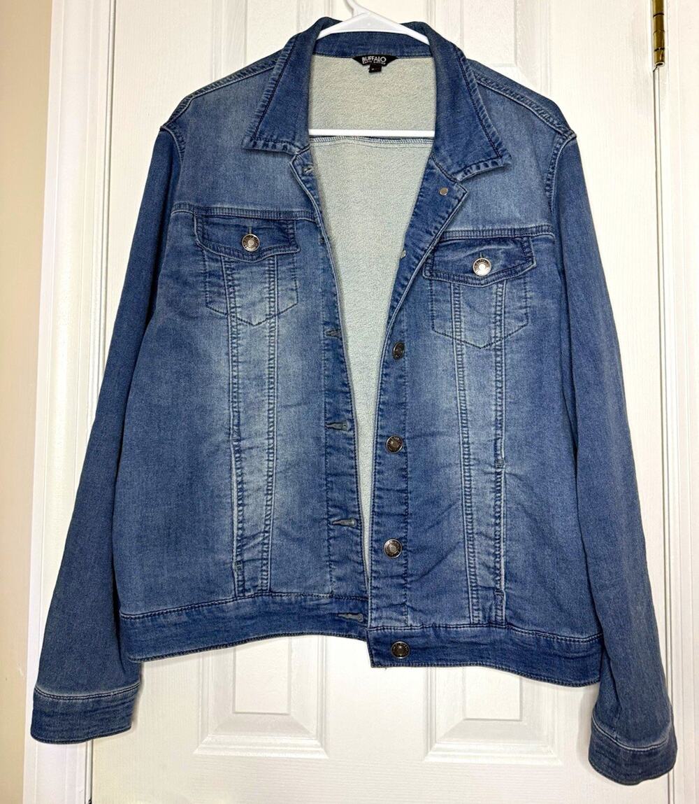 Buffalo David Bitton Women's blu Jean Jacket XL Button Front Point Collar Pocket